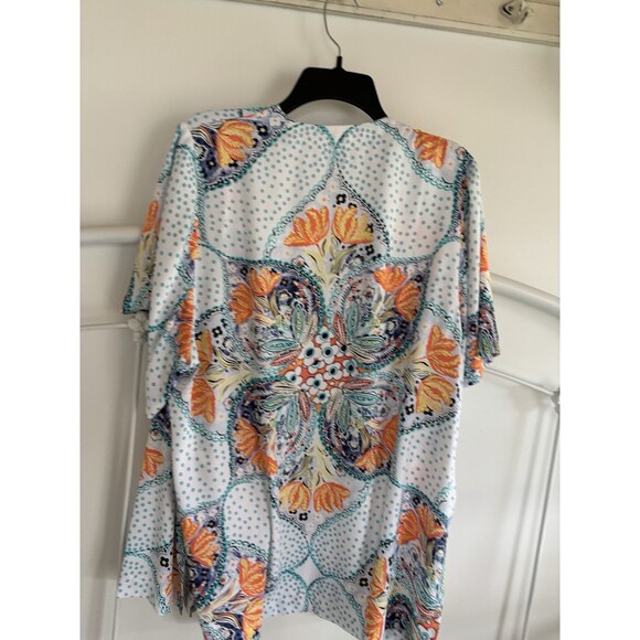 Chicos Flowy Floral Open Shirt Tunic Size 1 Orange Blue Cruise Resort - Picture 3 of 5